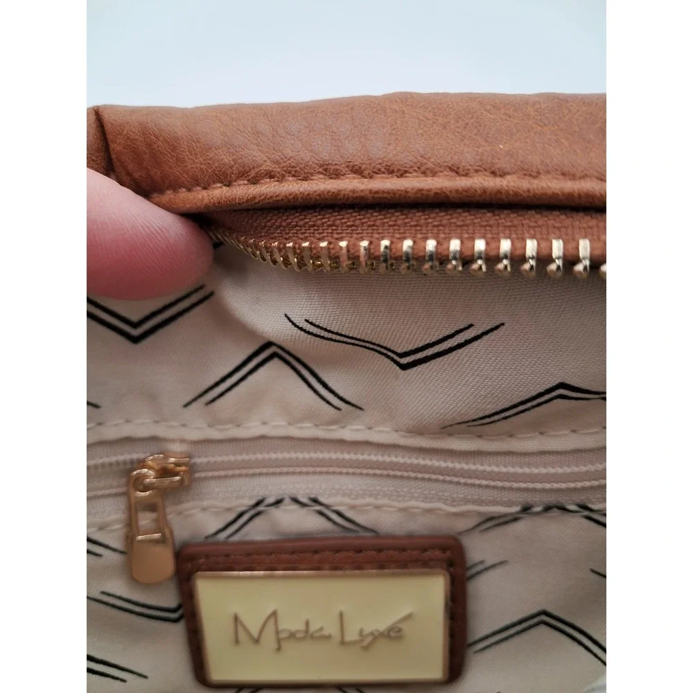Moda Luxe Juno Belt Bag‎ In Brown Vegan Leather With A Red And Navy Blue Stripe